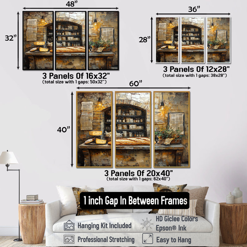 French Cafe Baguette Et Fromage II, Toile avec cadre flottant noir, H 28 po x l 36 po x P 1 po