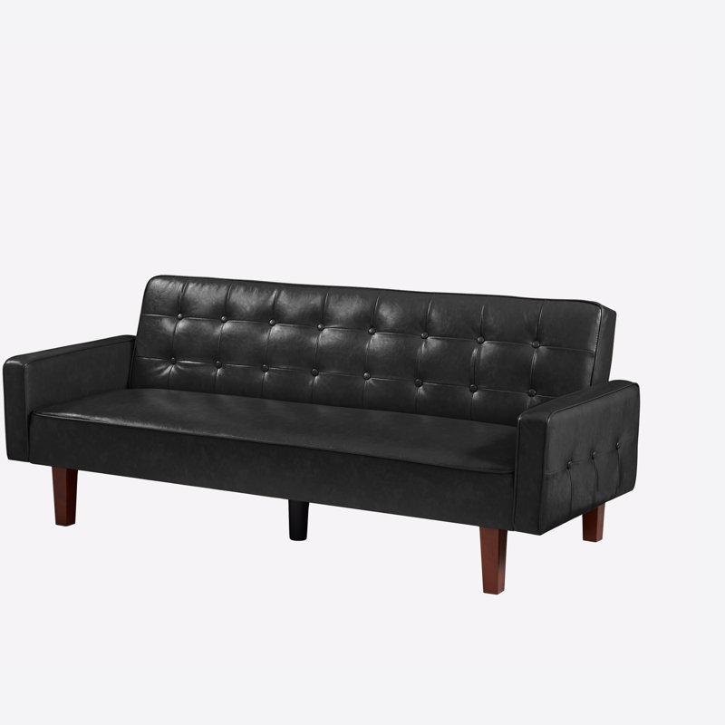 74.4'' Faux Leather Square Arm Sofa Bed, Faux Leather Black, 74.4" W x 29.13" H x 32.67" D