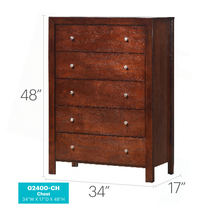 Commode verticale à 5 tiroirs avec boutons, Noyer
