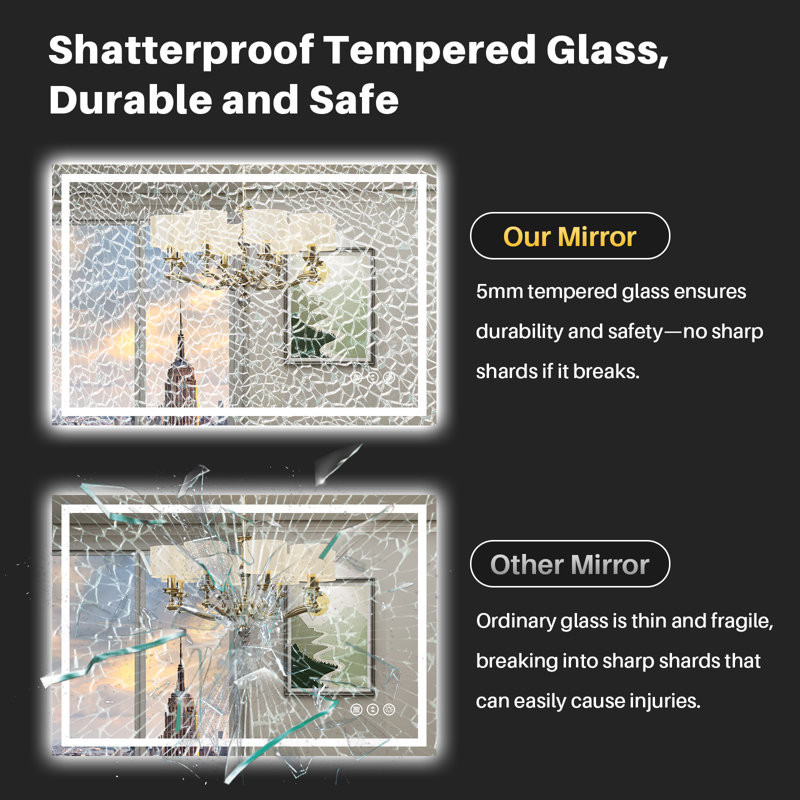 Miroir de salle de bain à DEL avec lumières, rétroéclairé et éclairé à l'avant, miroirs muraux éclairés pour meuble-lavabo, écran tactile à intensité variable, antibuée, fonction mémoire, verre trempé HD, incassable, homologué ETL