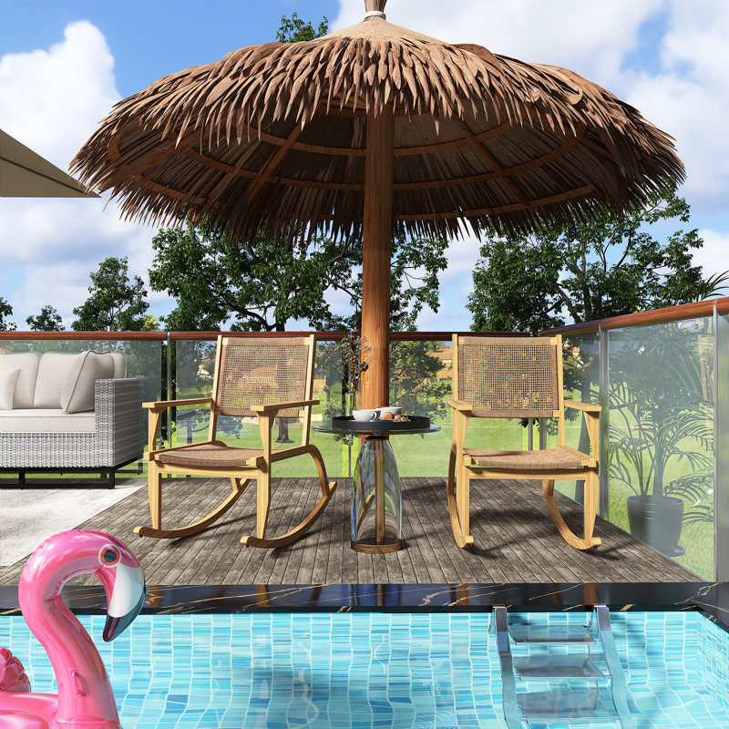 Ensemble 2 pièces de chaises berçantes de patio en bois d'acacia avec assise et dossier en rotin d'osier