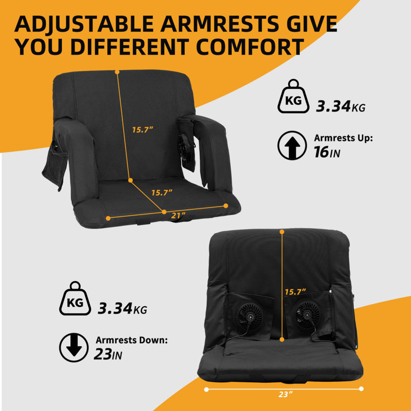 Foldable Stadium Seat with 2-Fans and Back Support, 5-Cooling Speed, Battery NOT Included, 23