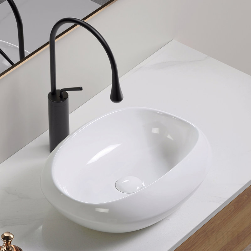 Vasque ovale en céramique - 46 cm × 38 cm, incassable, fini brillant résistant aux fissures, sans trou de robinetterie ni bonde, hauteur de 14 cm pour petits comptoirs (emballage sécurisé certifié)