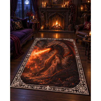 Tapis « Ultra Fin » 152 x 213 cm (5 pi x 7 pi) à motif Dragon de Feu et Femme Fantastique, idéal pour la chambre, le salon et le bureau à domicile. Moquette douce à poils courts avec envers antidérapant en silicone.