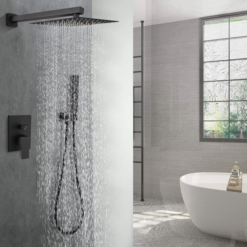 Wall Mounted 12 - Inch Matte Black Brass Shower Combination With Lever Handle, Adjustable Flow, And Modern Bathroom Look System Diverter Valve, Single Resistance To Scratches