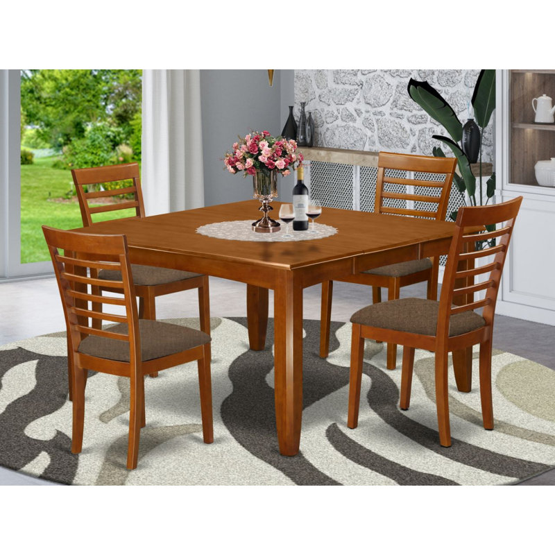 5 Piece Dining Set Includes a Square Dining Room Table with Butterfly Leaf and 4 Linen Fabric Kitchen Chairs, Saddle Brown