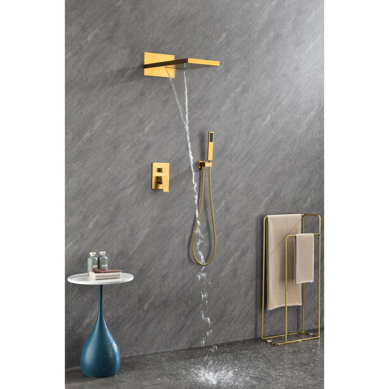 Douche haute avec tête rectangulaire et fonction de brume murale en laiton doré