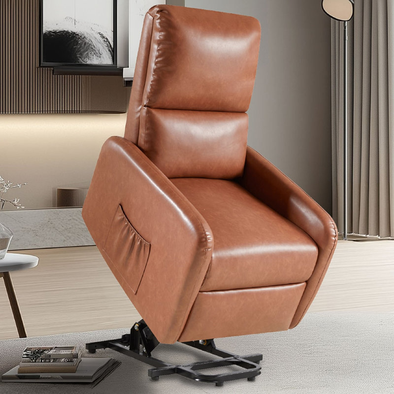 Power Lift Recliner Chairs with High Back & Side Pocket, Comfy Upholstered Single Sofa,PU, Brown