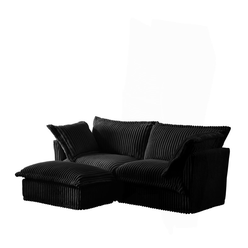 Canapé modulaire 2 places avec housse et repose-pieds convertible, Velours côtelé noir
