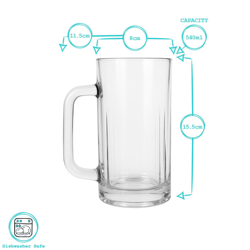 Argon Tableware 540ml Beverage Mugs - Glass Pint Steins with Handle, Pack of 4