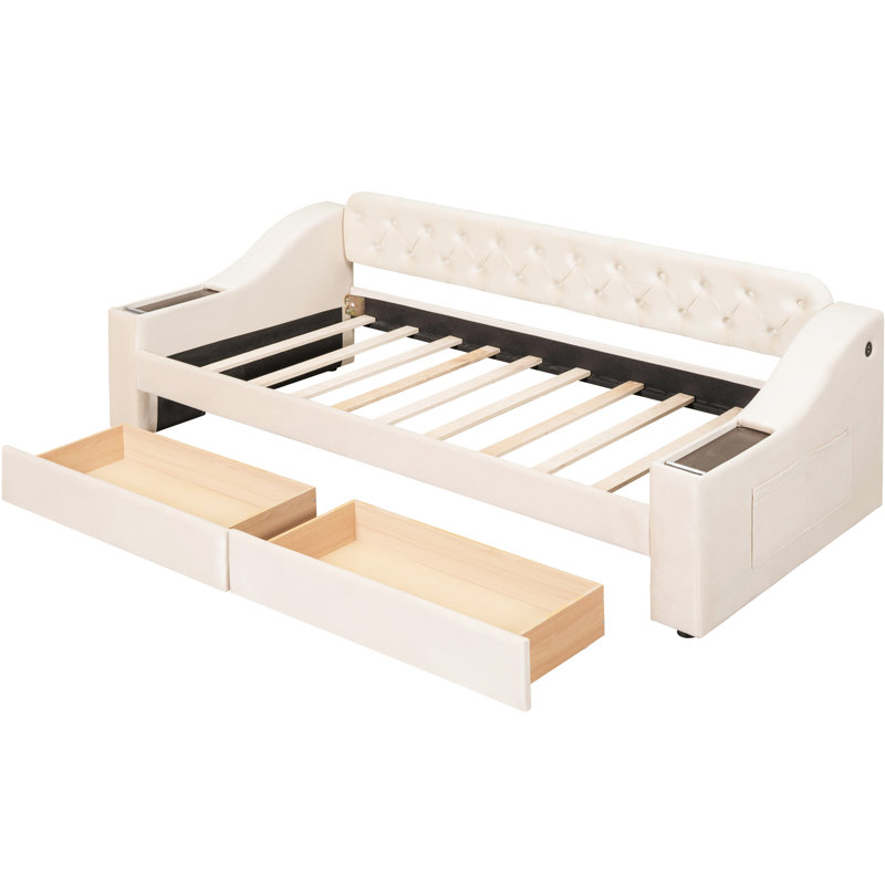 Lit de jour simple beige avec rangement pour accoudoirs et point de charge