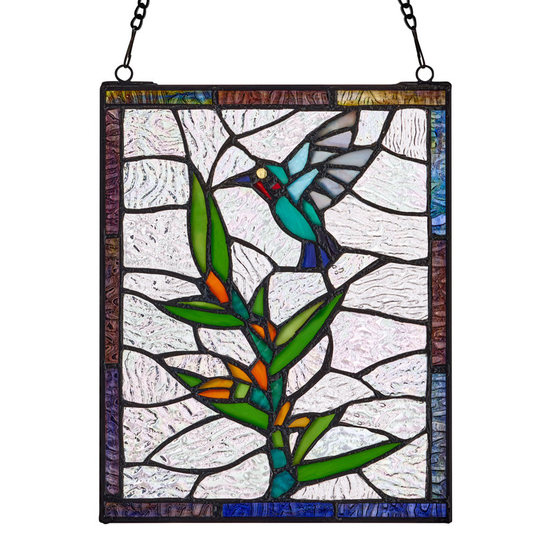 10"H Happy Hummingbird Stained Glass Window Panel