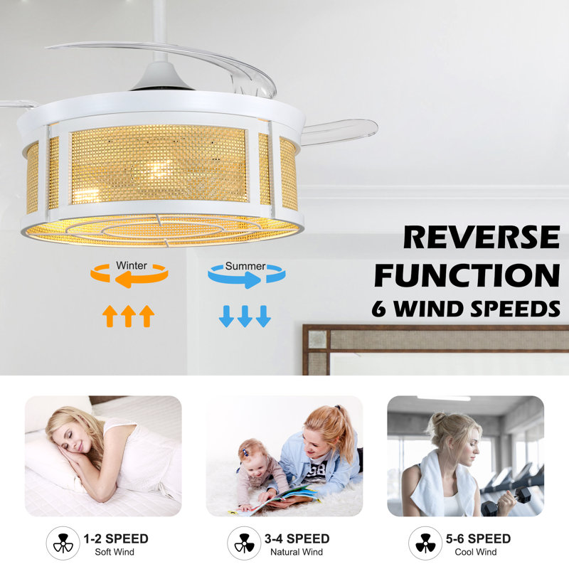 42" Retractable Boho Ceiling Fan with Light and Remote Control, 6 Speed Quiet DC Motor for Living Room, Bedroom