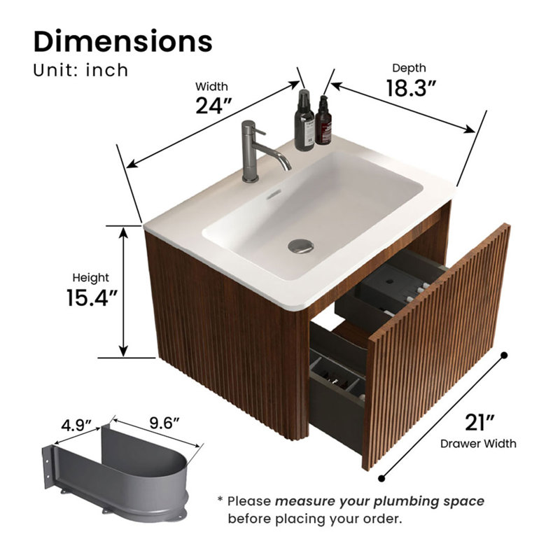 Hannemarie 24" Pre-Assembled Wall Mounted Single Bathroom Vanity with Top with Overflow, Walnut, 24"