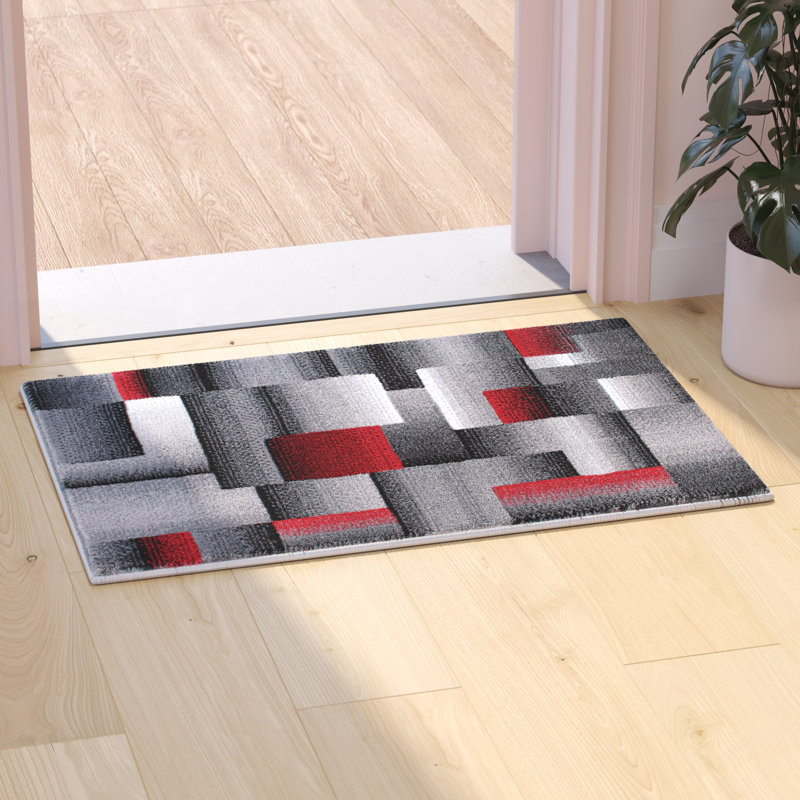 Abbie-May Red and Gray Modern Geometric Style Color Blocked Indoor Area Rug, Rectangle 2' x 3'
