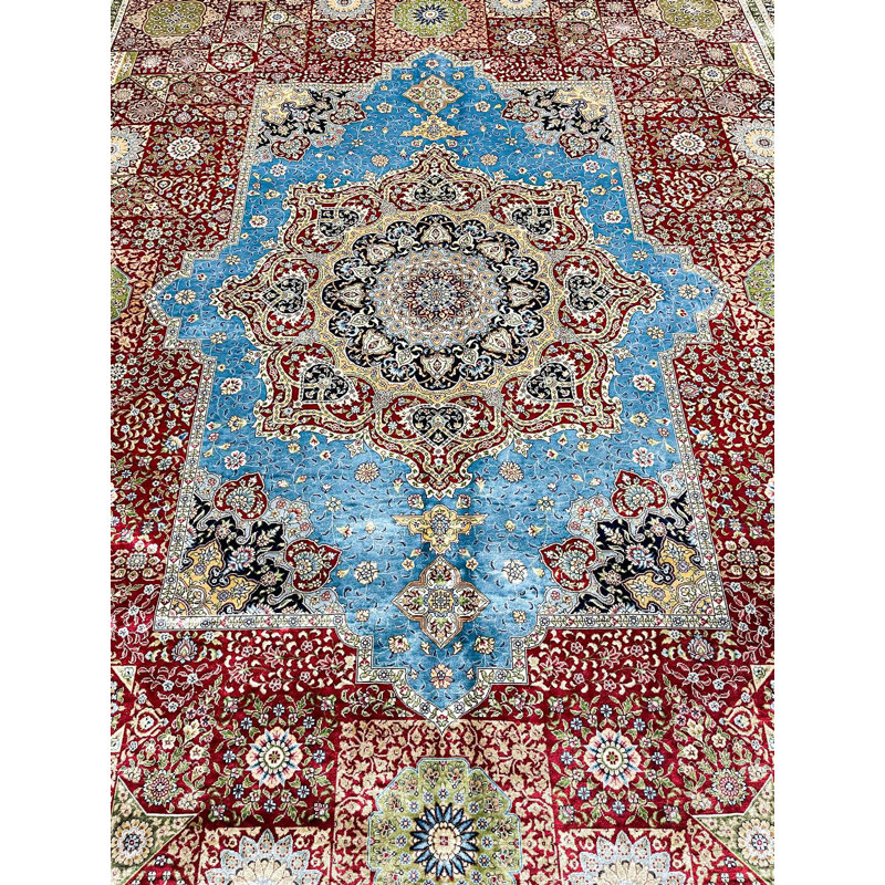 Tapis turc 8 x 10 rouille et bleu marine en soie