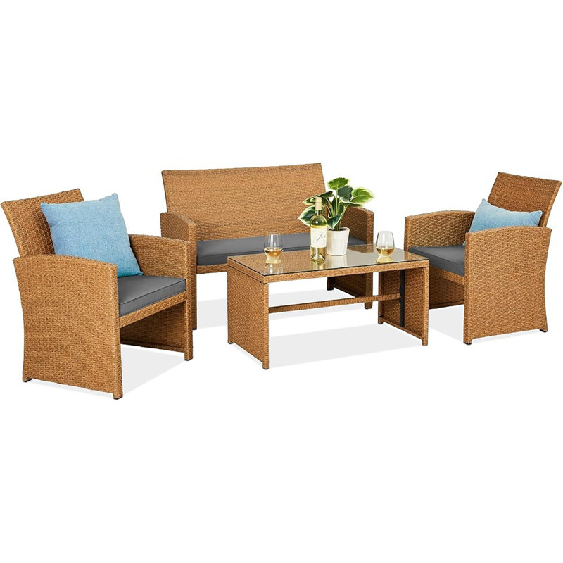 Ensemble de conversation d'extérieur en osier pour patio - table basse avec coussins de siège, naturel / gris