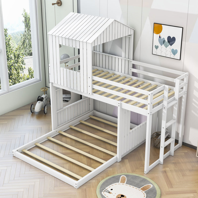 Lit simple superposé en L simple au-dessus d'un lit double en bois, Blanc