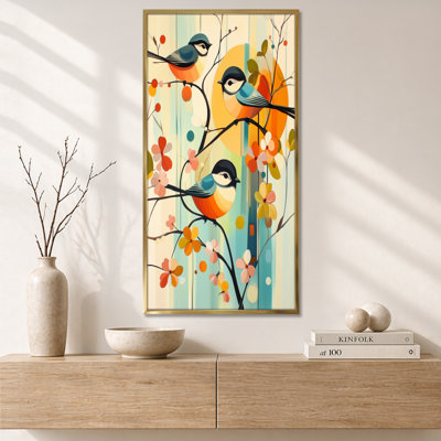 Blue Orange Chinoiserie Birds & Summer Blossoms – Botanical Canvas Prints, Nature Framed Wall Art