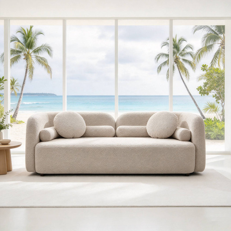 69.2" Modern Curved Upholstered Boucle Sofa, 2-seater With 6 Pillows, White Fabric