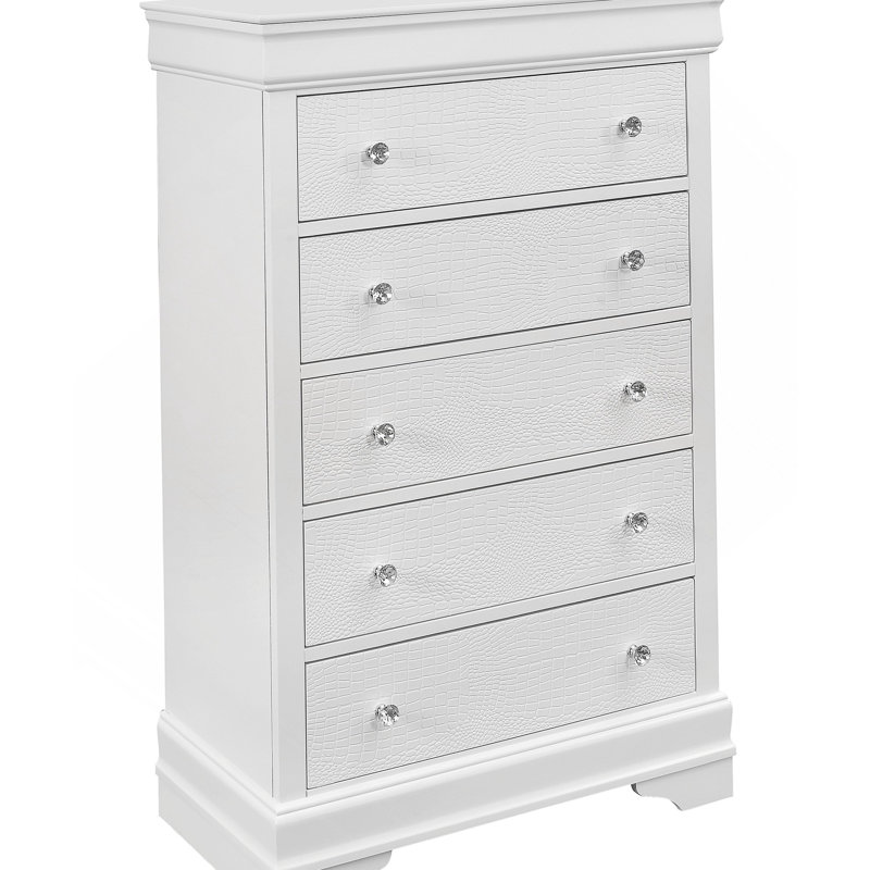 Commode verticale en bois manufacturé avec 5 tiroirs, Blanc