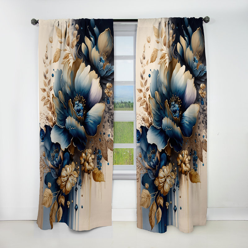 Rideau floral occultant traditionnel bleu et doré Bunch III - 1 panneau, L 52 po x L 90 po