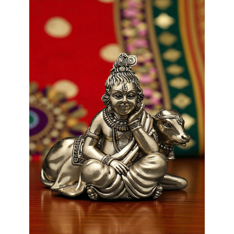 Petite statue en laiton super fin Bal Gopal Krishna avec vache