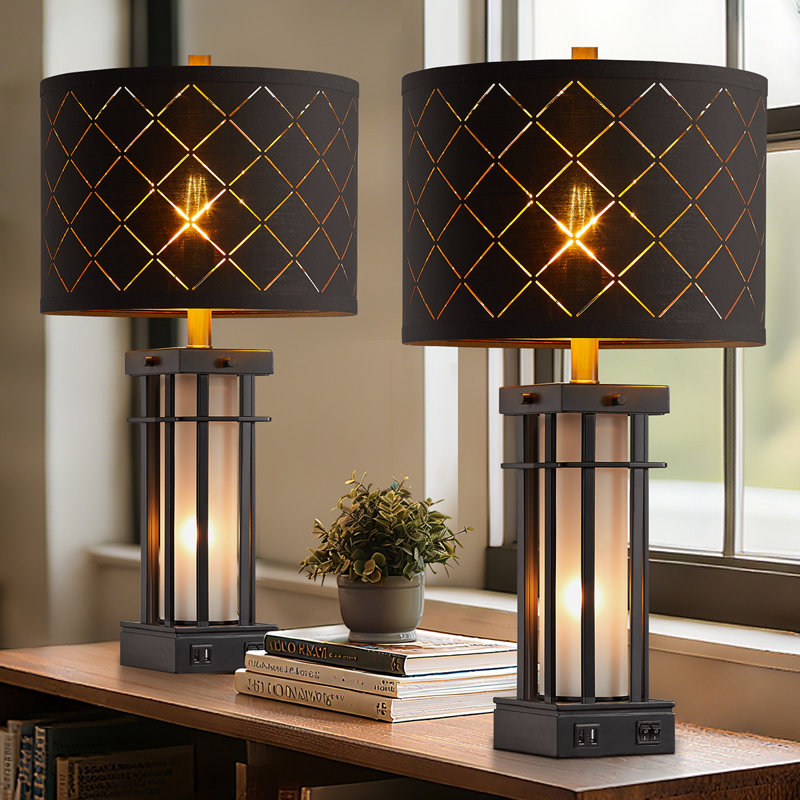 Ensemble de lampe de table noire 25 po avec veilleuse et recharge USB (ensemble de 2), Noir (avec abat-jour en filet)