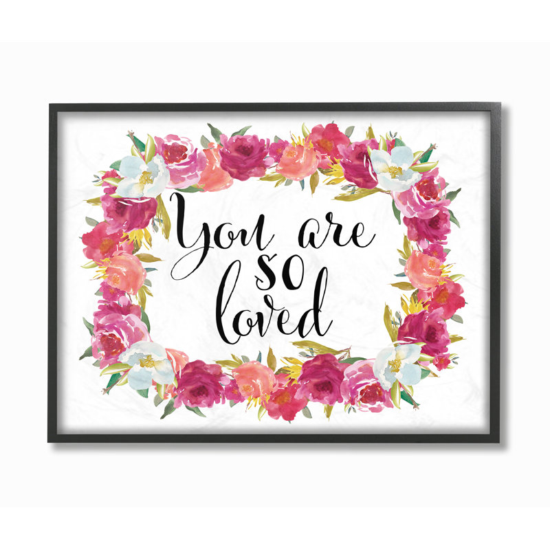 «You are so Loved Floral Wreath», reproduction d'art textuel sur toile, H 16 po x l 20 po, Giclée encadrée noir minuit