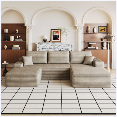 107" Camel Plush Corduroy Cloud Sectional Sofa with 1 Ottoman, Modern U-Shaped Couch, No Assembly Required