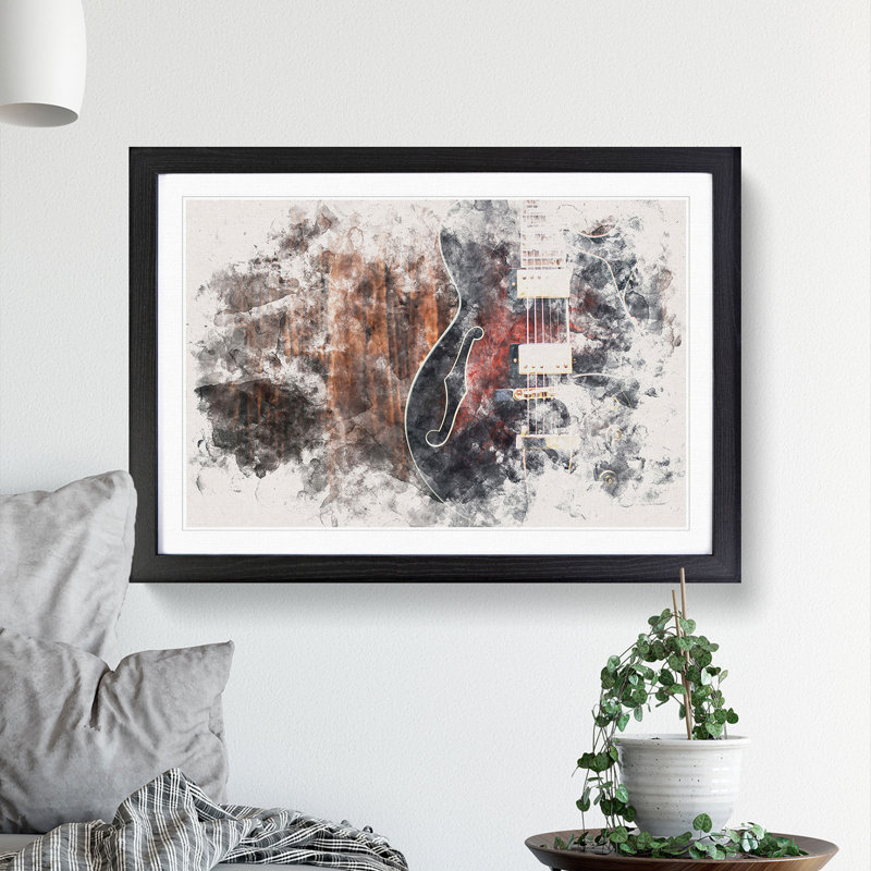Wooden Electric Guitar Watercolour - Framed Print, Black, 62cm H x 87cm W x 2cm D
