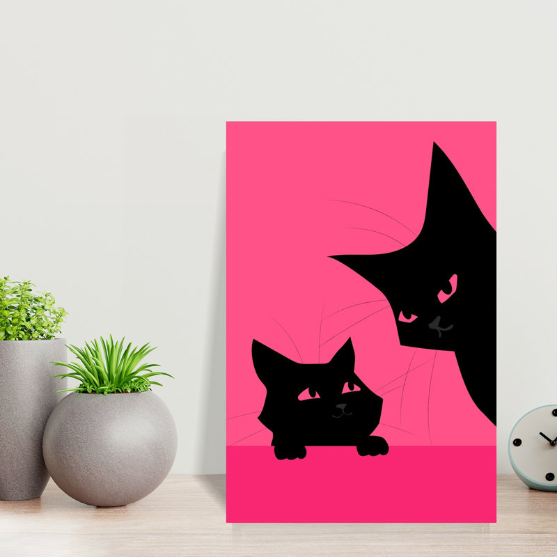 Black Cats Pink Background Contemporary Cat Wall Art Print by WallChart Art Studio - Wrapped Canvas Print