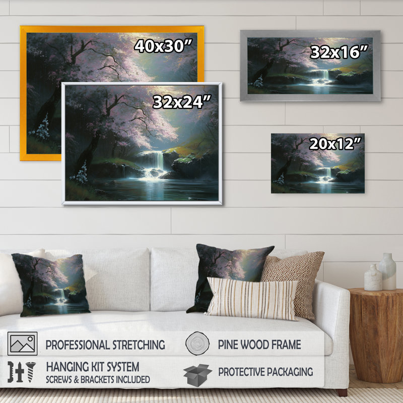 Nayma Cherry Blossom Stream I sur toile, Cadre photo noir, H 12 po x l 20 po x P 1 po