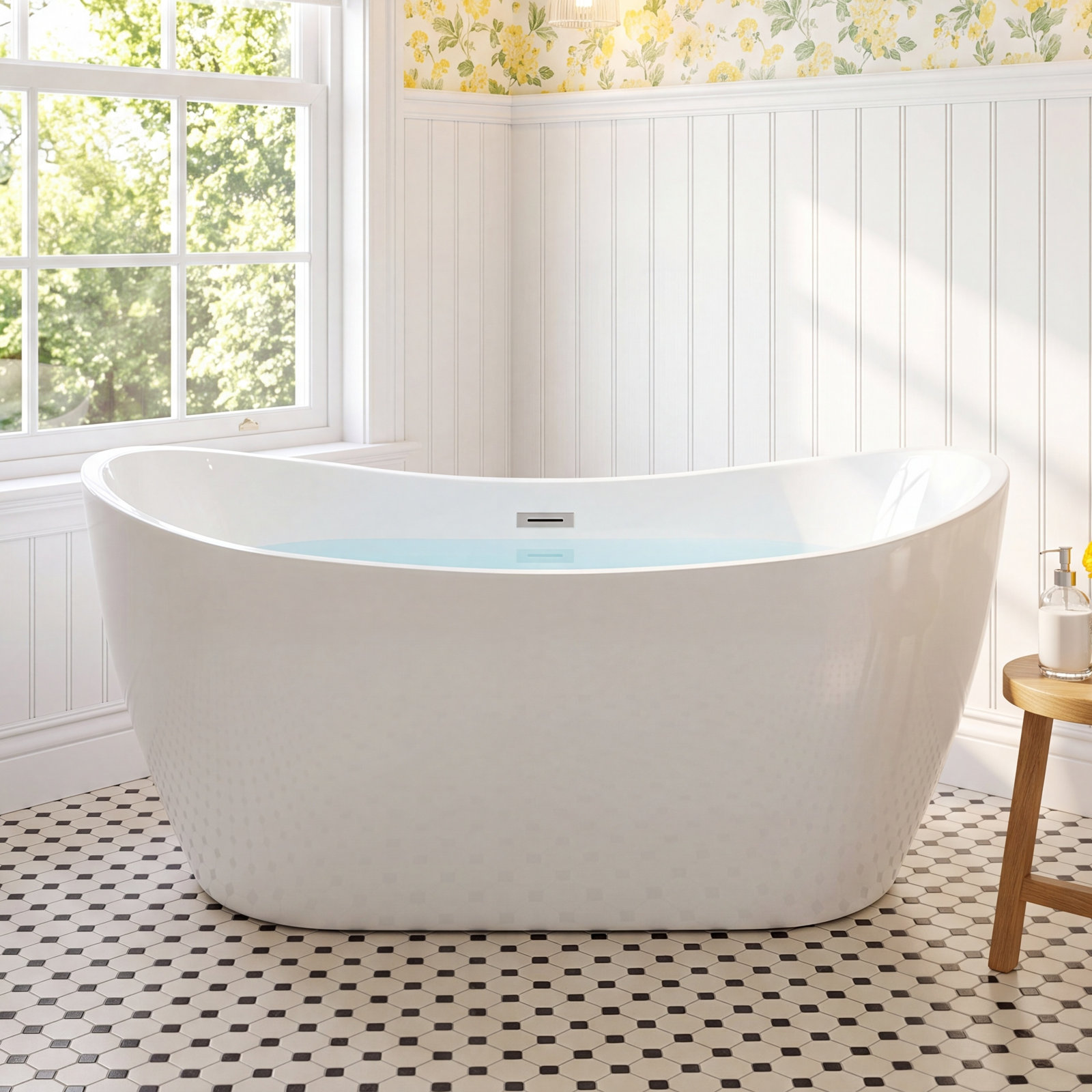 Vital 59" Freestanding Soaking Acrylic Bathtub, White, Polished Chrome