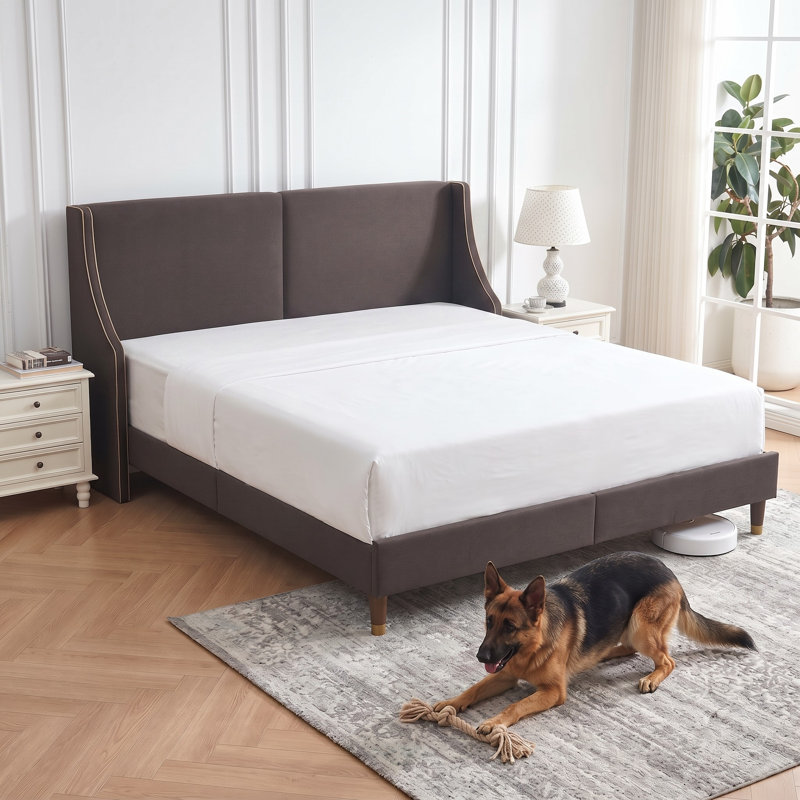Melaya Wingback Upholstered Platform Bed Frame, King, Brown