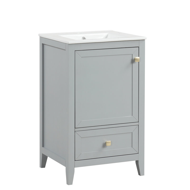Meuble-lavabo de 20 po avec lavabo, gris. Porte d'armoire et rangement tendance. Panneau et céramique. Finition à l'eau. Assemblage requis 20 po, options de rangement robustes. Imperméable.