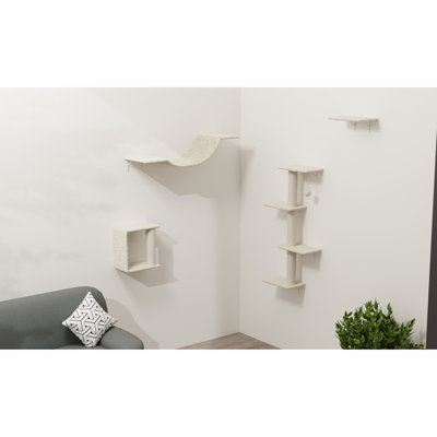 Meuble pour chat moderne 4 pièces avec tablettes murales, pont, marches et arbre en corde, panneau de particules doux, conception verticale peu encombrante, bricolage réglable facile à installer en structure d'escalade, installation