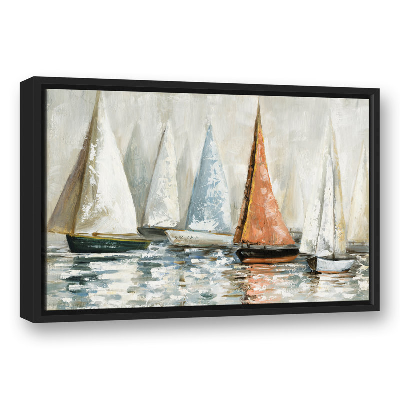 Voiliers en sourdine sur l'eau - peinture sur toile, Toile à cadre flottant noir, H 17,75 po x l 25,75 po x P 1,75 po