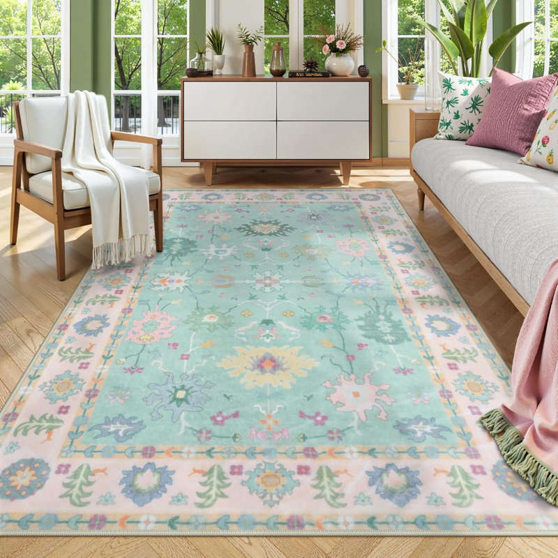 Kaldi Washable Oushak Rug, Non Slip Area Rug for Bedroom, Floral Boho Rugs Vintage Mat,Soft Rug, Rectangle 5' x 7'