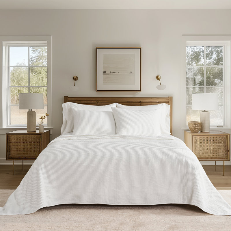 Ribbed Matelassé Cotton Coverlet Set, King Quilt + 2 King Shams, Bright White