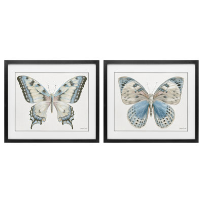 Ensemble de 2 reproductions encadrées sous verre bleu encadré de papillons, par Danhui Nai