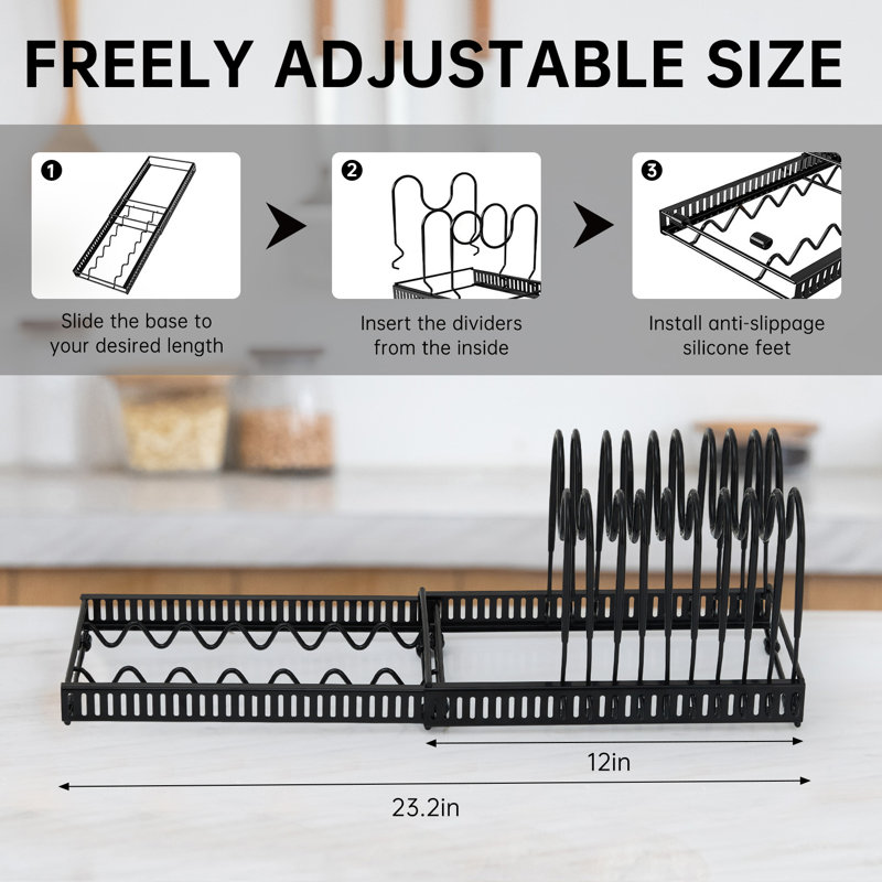 Expandable Metal Pot Lid and Pan Organizer Rack – Adjustable 10+ Compartments – Durable, Rust-Resistant, Space-Saving Storage – Easy to Install for Kitchen Cabinets & Countertops