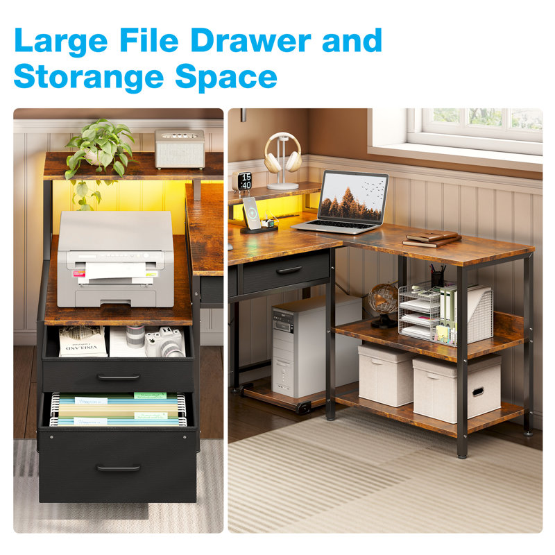 L-shaped Desk With Under-desk Drawers,computer Desk With Cabinet ,reversible Desk Power Sockets & Led Light Strips,home Office Desk With Monitor Stand