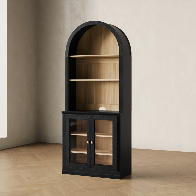 Tall Arched Bookcase Display Cabinet With Glass Doors, Black, Black