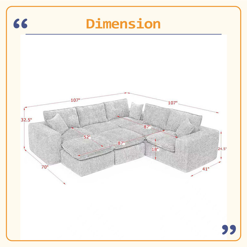 Canapé modulaire en forme de L de 107 po avec deux repose-pieds amovibles en forme de L et canapé-lit confortable, Gris