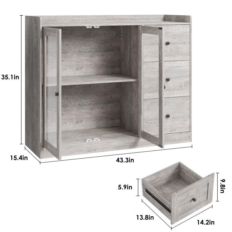 Storage Cabinet With Glass Doors And Shelves, 43" Coffee Bar Cabinet With 3 Drawers,Sideboard Buffet Cabinet With Storage,Buffet Table For Kitchen, Entryway, Bedroom, Living Room