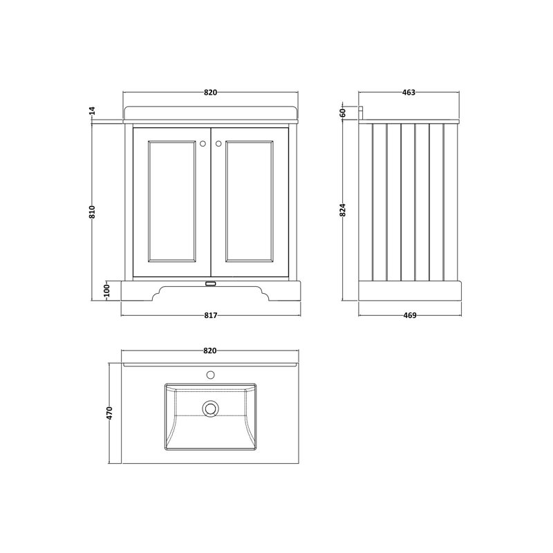Bayswater 800mm Hunter Green 2 Door Floor Standing Cabinet With 1 Tap Hole Square Basin With White Worktop, Hunter Green