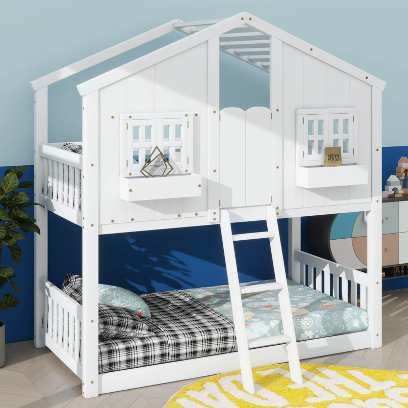 Twin-On-Twin House-Themed Bunk Bed Complete With Roof Window Door Safety Guardrails And Ladder, White