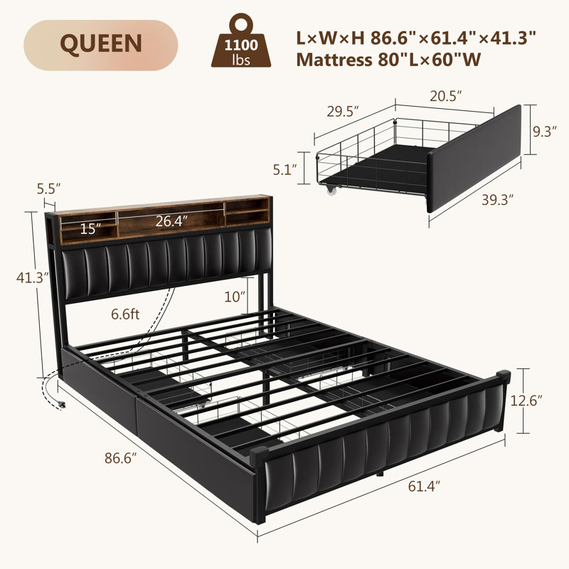 Black Queen Upholstered Platform Bed with Bookcase Headboard, Storage Drawers, and LED Lights