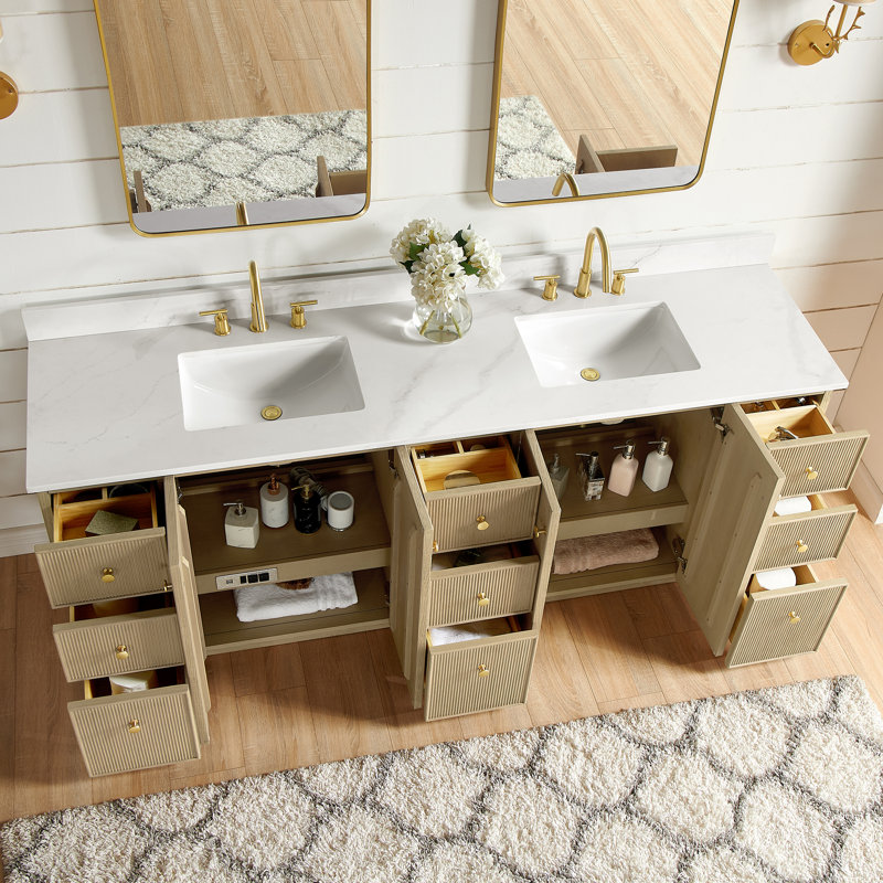 Waubun Rally 84'' Free Standing Double Bathroom Vanity with Calacatta Quartz Top, Natural Oak